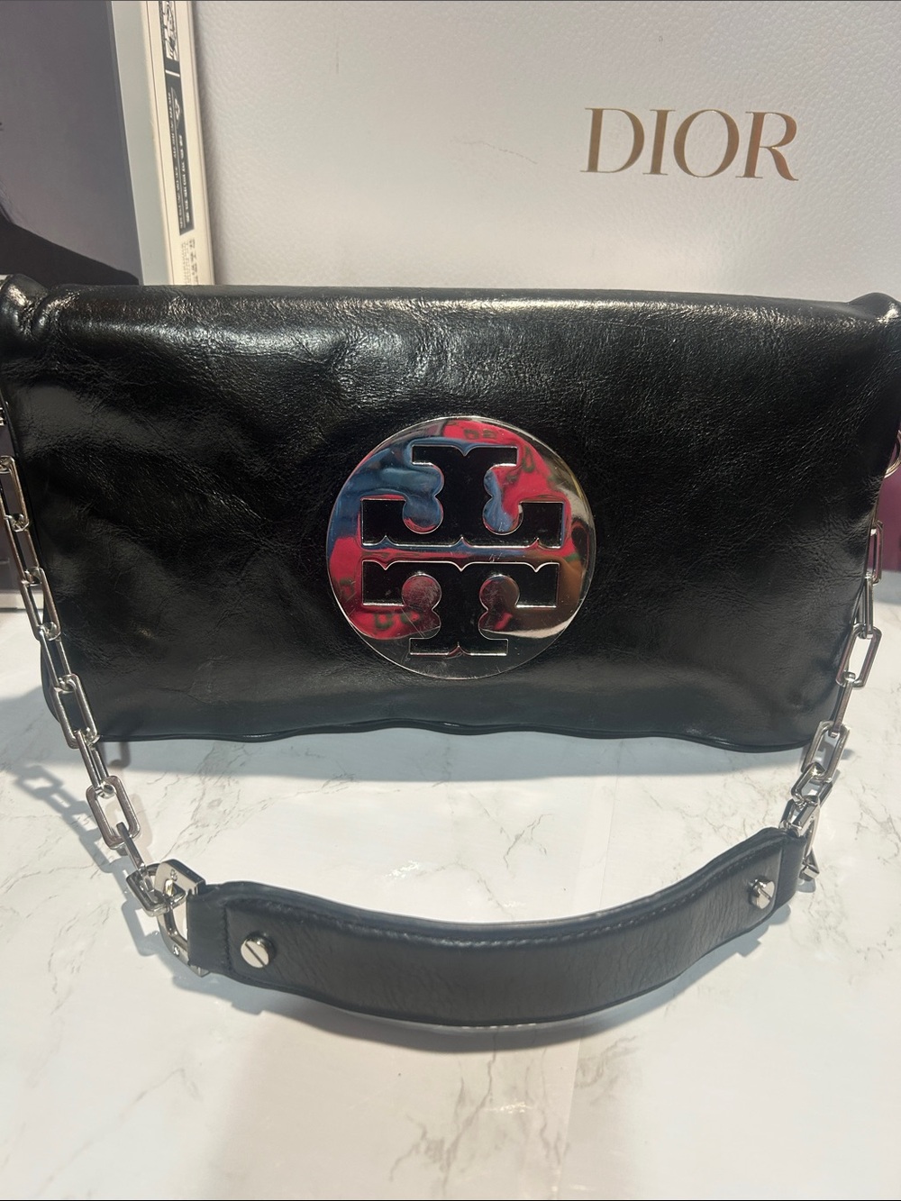 Tory Burch Reva Foldover Leather Shoulder Bag clutch with Silver Logo Medallion